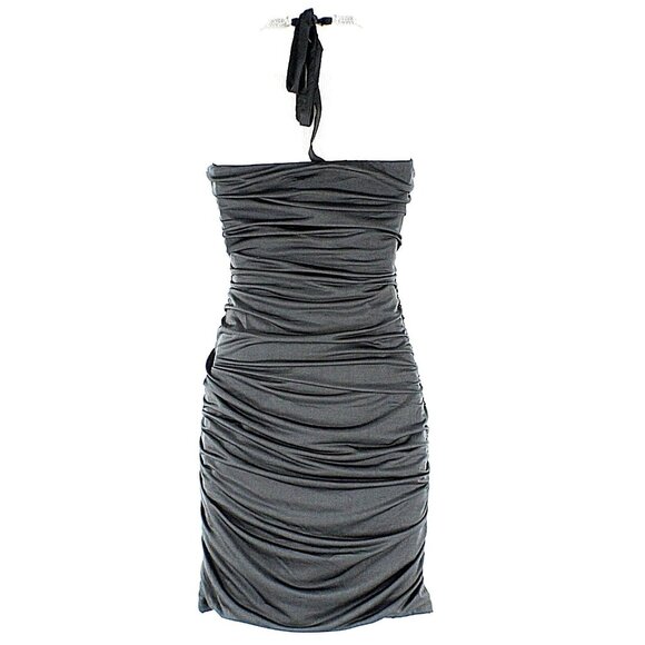 HKR $60 Sz S Black Ruched Silver Necklace Halter Poly Spandex Sexy Dress - Picture 2 of 6